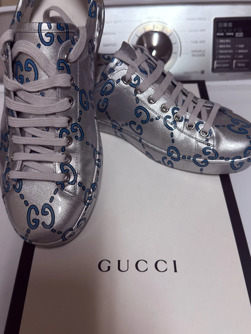 Gucci Silver Sneakers with Blue GG Logo - Men's